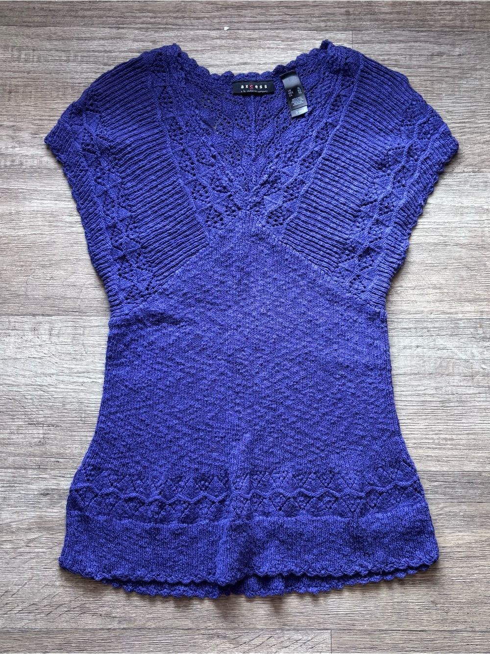 Axcess Liz Claiborne Open Knit Short Sleeve Sweater Top Dark Purple XL